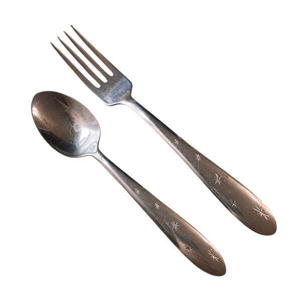 Vtg Atomic MCF1 by Mar Crest Flatware Set of 2 Stainless Glossy USA Starburst - Picture 3 of 5